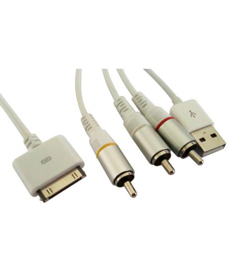 CONEXION APPLE 30 pin MACHO - USB A +3 x RCA 1m