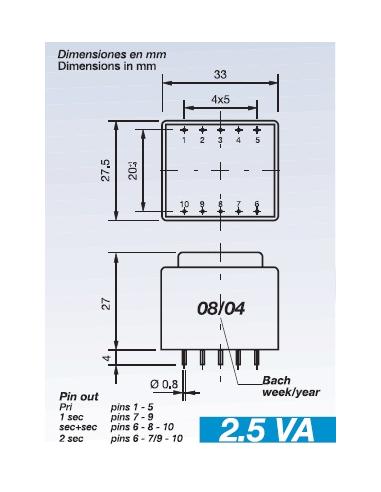 TRANSFORMADOR ENCAPSULADO 230V Sec.15-0-15V 2,5VA