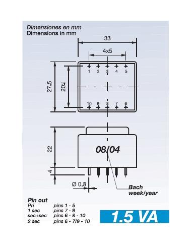 TRANSFORMADOR ENCAPSULADO 230V Sec.9-0-9V 1,5VA