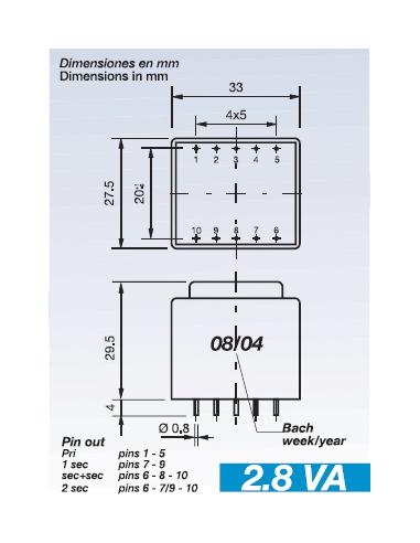TRANSFORMADOR ENCAPSULADO 230V Sec.12-12V 2,8VA
