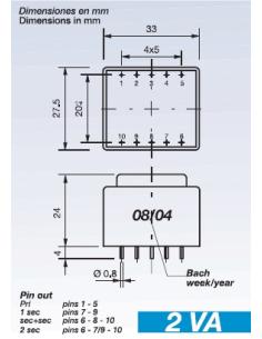 TRANSFORMADOR ENCAPSULADO 230V Sec.9-0-9V 2VA