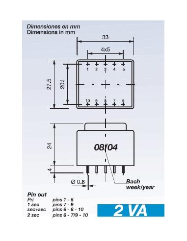TRANSFORMADOR ENCAPSULADO 230V Sec.9-0-9V 2VA
