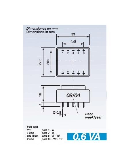 TRANSFORMADOR ENCAPSULADO 230V Sec.15V 0,6VA
