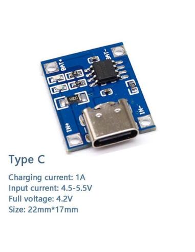 TP4056 MODULO 5V USB-C 1AMP. CARGADOR BATERIAS LITIO 18650 SIN PROTECCION